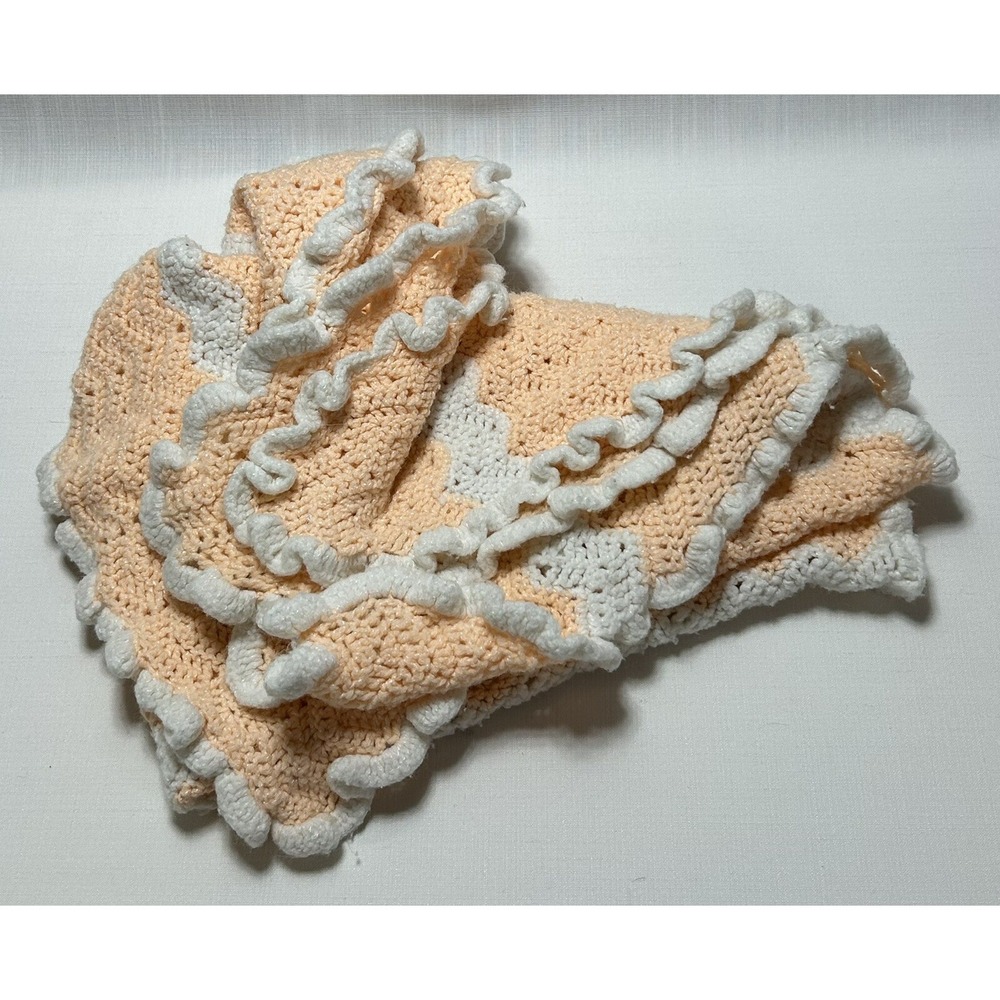 Handmade Crocheted Peach/Pink White Striped Frilly Baby blanket  31 X 32 In OOAK